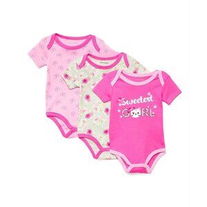 Girls 0-3 Months 3-Pack Short Sleeve Bodysuit Set "Sweetest Girl" Kitten Design